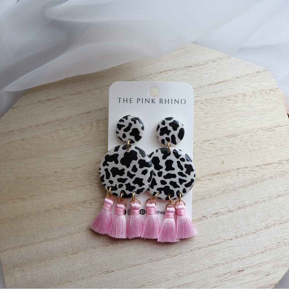 Cow Print Pink Tassel Earrings